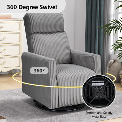 Swivel Rocker Chair for Nursery, Swivel Accent Chair with High Back and Arms, Corduroy Glider Chair for Living Room Bedroom Nursery, Grey