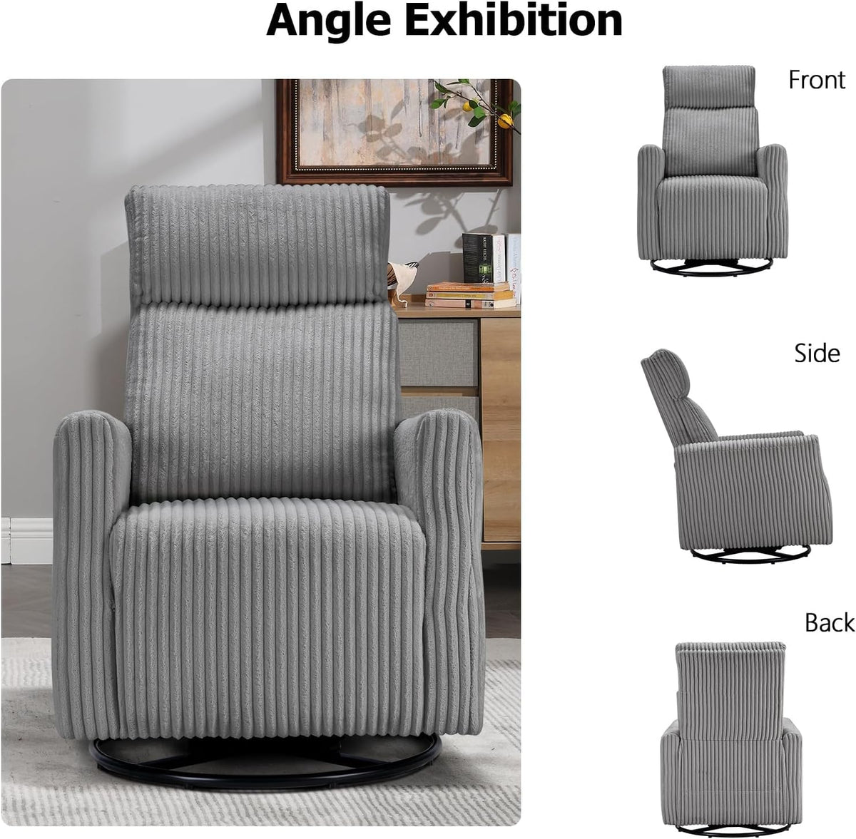 Swivel Rocker Chair for Nursery, Swivel Accent Chair with High Back and Arms, Corduroy Glider Chair for Living Room Bedroom Nursery, Grey