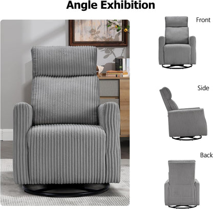 Swivel Rocker Chair for Nursery, Swivel Accent Chair with High Back and Arms, Corduroy Glider Chair for Living Room Bedroom Nursery, Grey