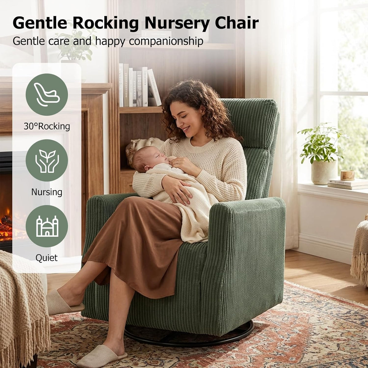 Swivel Rocker Chair for Nursery, Swivel Accent Chair with High Back and Arms, Corduroy Glider Chair for Living Room Bedroom Nursery, Grey