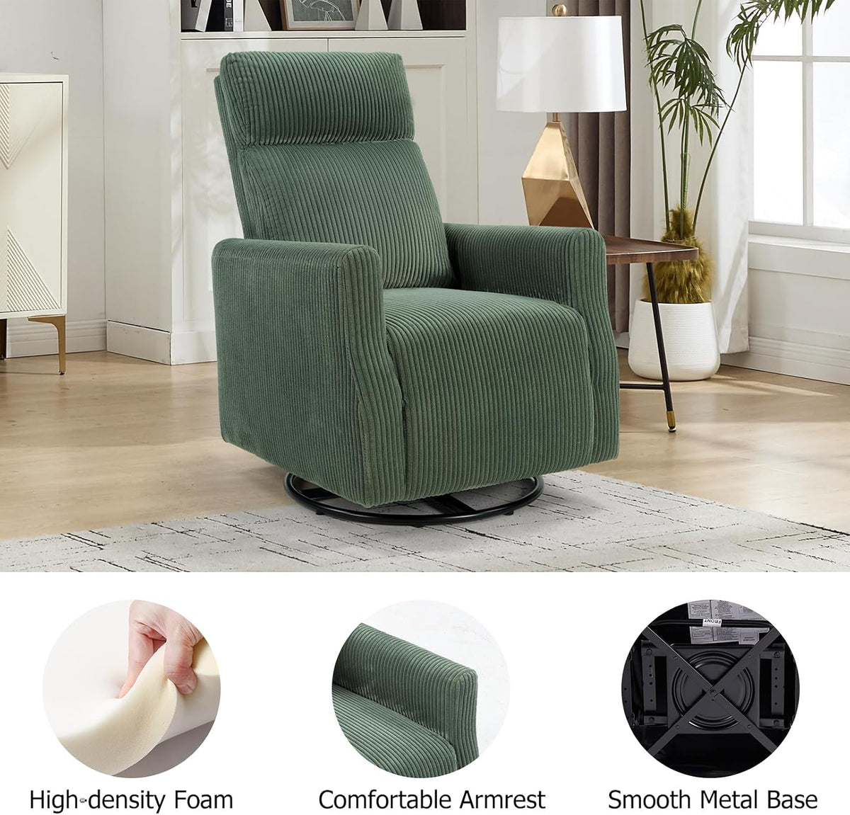 Swivel Rocker Chair for Nursery, Swivel Accent Chair with High Back and Arms, Corduroy Glider Chair for Living Room Bedroom Nursery, Grey