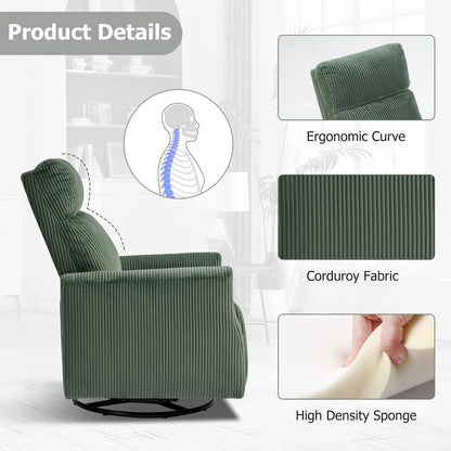 Swivel Rocker Chair for Nursery, Swivel Accent Chair with High Back and Arms, Corduroy Glider Chair for Living Room Bedroom Nursery, Grey