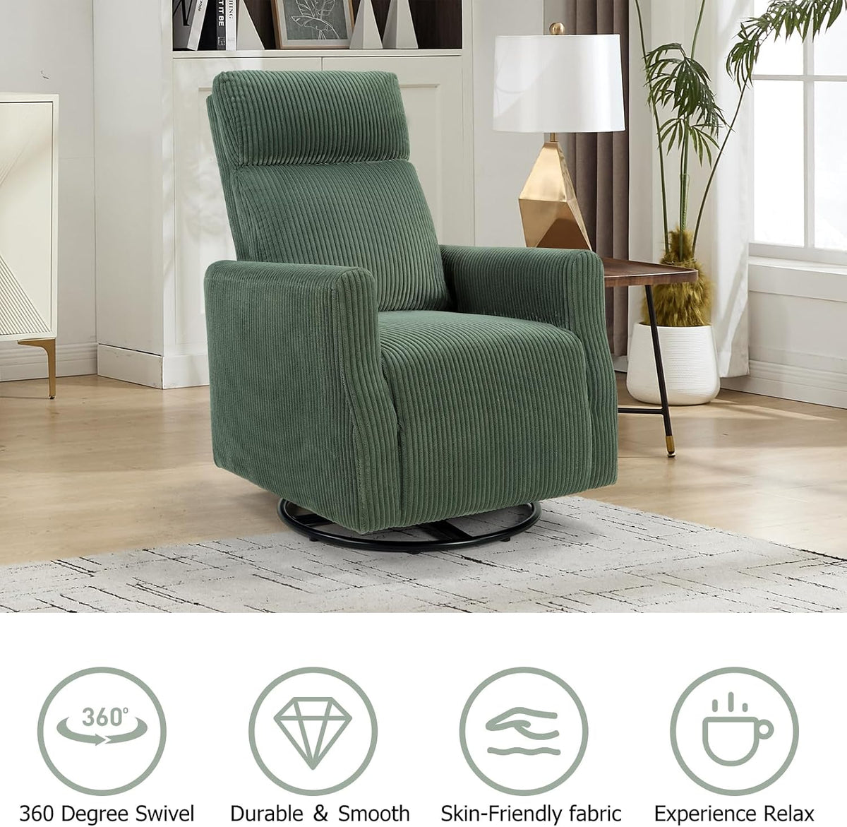 Swivel Rocker Chair for Nursery, Swivel Accent Chair with High Back and Arms, Corduroy Glider Chair for Living Room Bedroom Nursery, Grey