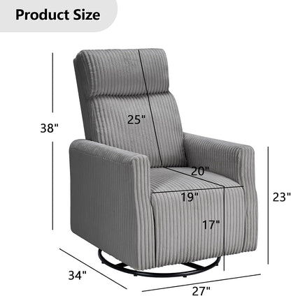 Swivel Rocker Chair for Nursery, Swivel Accent Chair with High Back and Arms, Corduroy Glider Chair for Living Room Bedroom Nursery, Grey