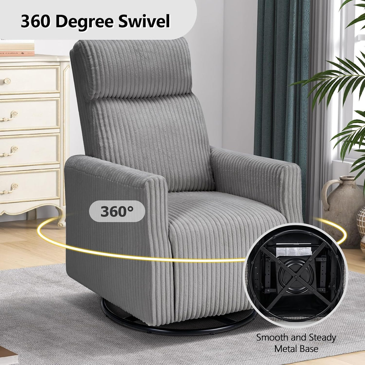 Swivel Rocker Chair for Nursery, Swivel Accent Chair with High Back and Arms, Corduroy Glider Chair for Living Room Bedroom Nursery, Grey