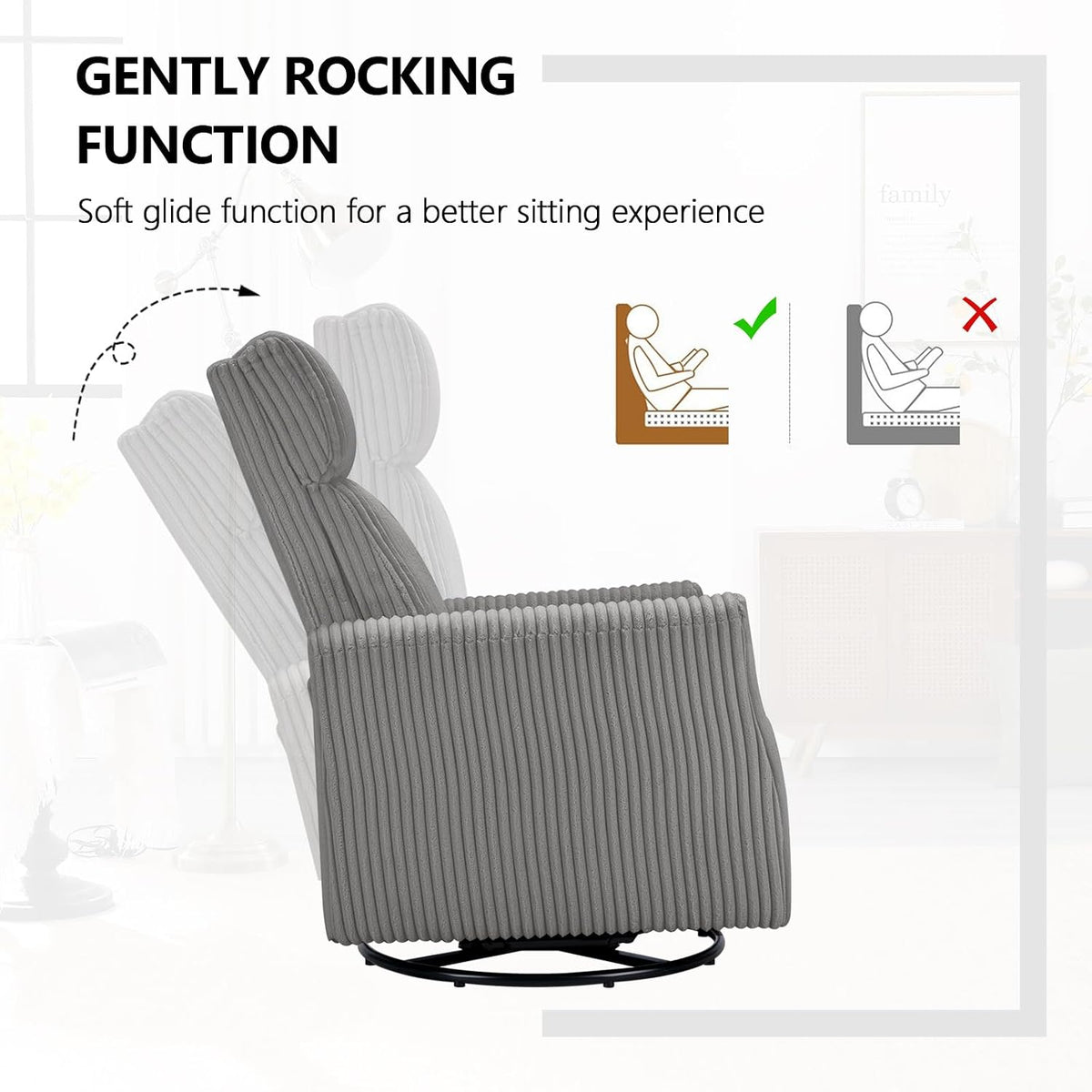 Swivel Rocker Chair for Nursery, Swivel Accent Chair with High Back and Arms, Corduroy Glider Chair for Living Room Bedroom Nursery, Grey