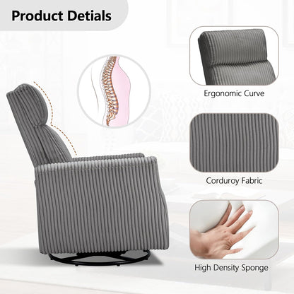 Swivel Rocker Chair for Nursery, Swivel Accent Chair with High Back and Arms, Corduroy Glider Chair for Living Room Bedroom Nursery, Grey