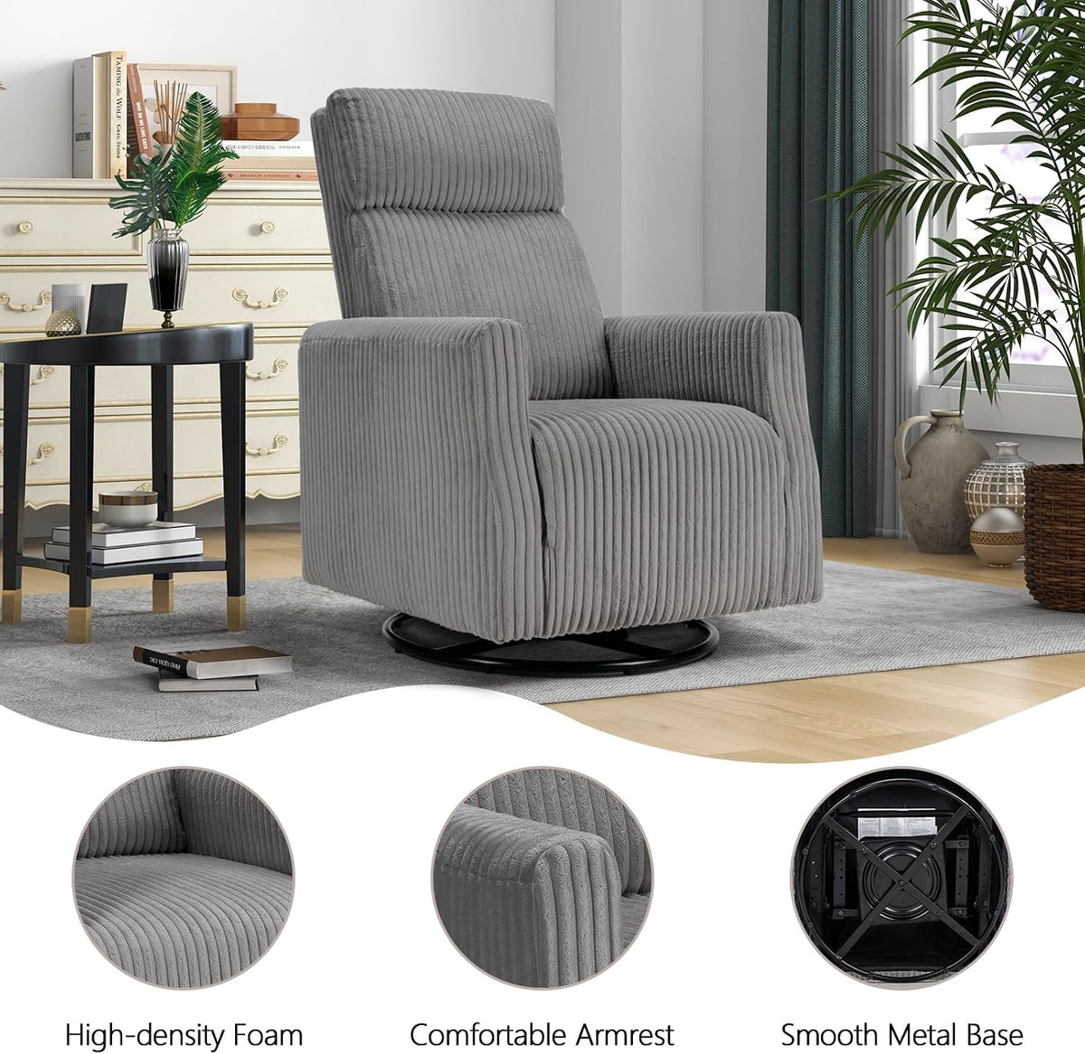 Swivel Rocker Chair for Nursery, Swivel Accent Chair with High Back and Arms, Corduroy Glider Chair for Living Room Bedroom Nursery, Grey