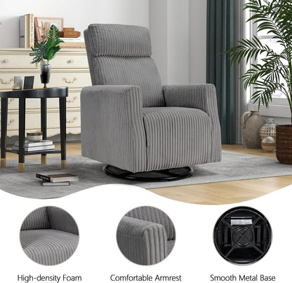 Swivel Rocker Chair for Nursery, Swivel Accent Chair with High Back and Arms, Corduroy Glider Chair for Living Room Bedroom Nursery, Grey