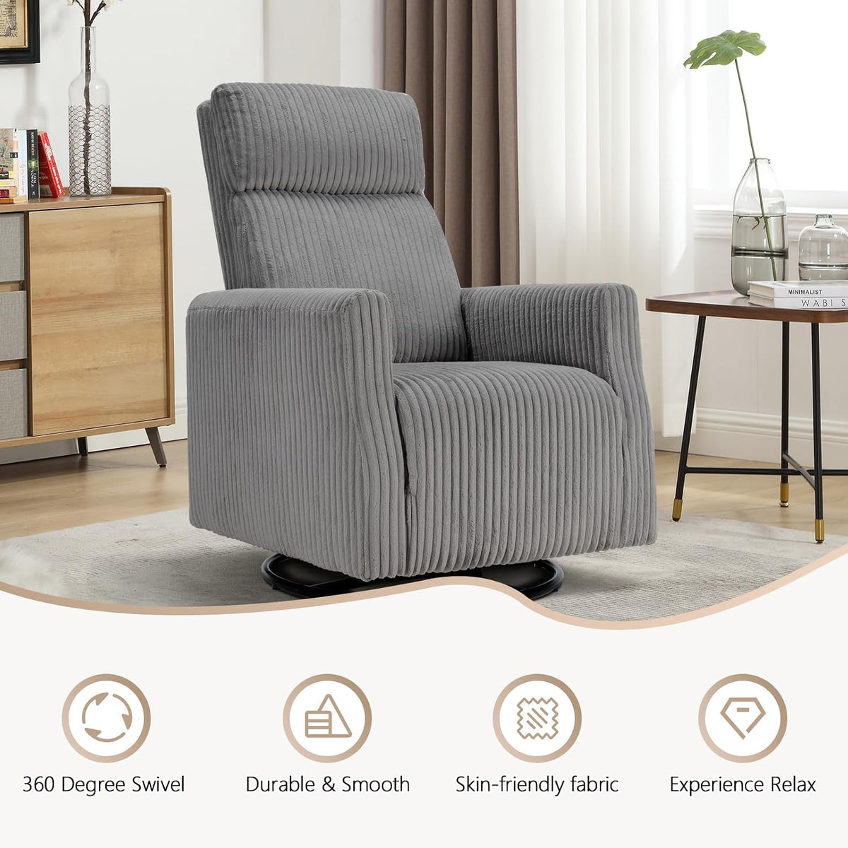 Swivel Rocker Chair for Nursery, Swivel Accent Chair with High Back and Arms, Corduroy Glider Chair for Living Room Bedroom Nursery, Grey
