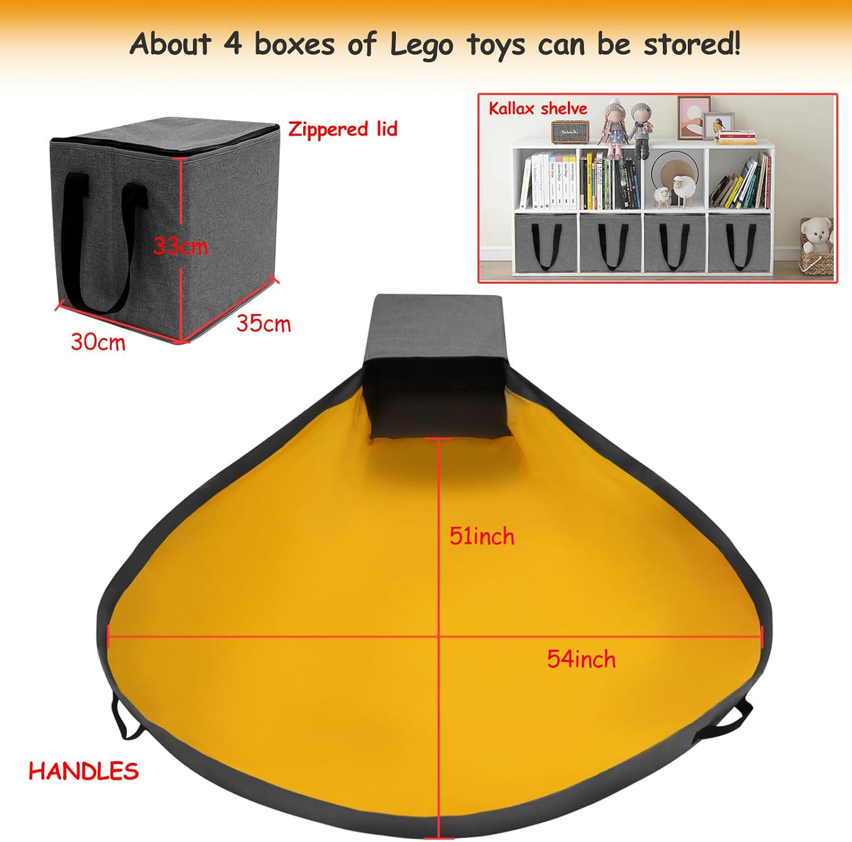 Toy Storage Organizer for Lego Play Mat Bag ¨C Duplo Toy Storage Bin for Kids - Hard Cube Storage Basket with Lid can as Gift (Yellow)