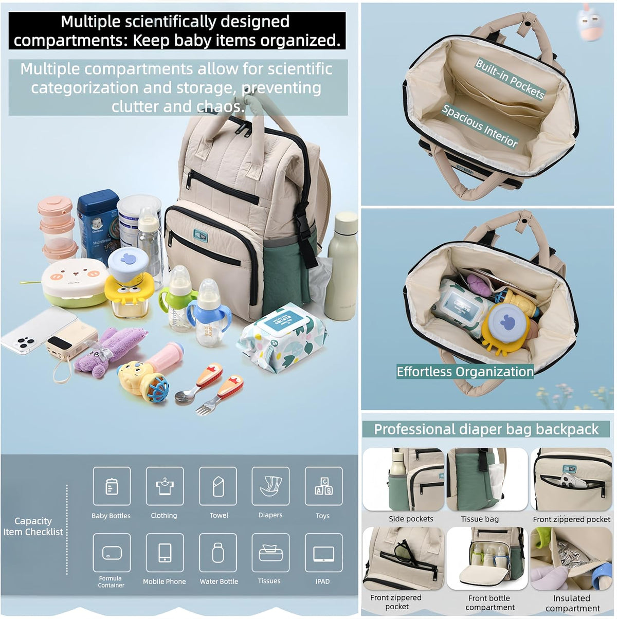 Quilted Diaper Backpack Multifunctional Large Baby Travel Bag