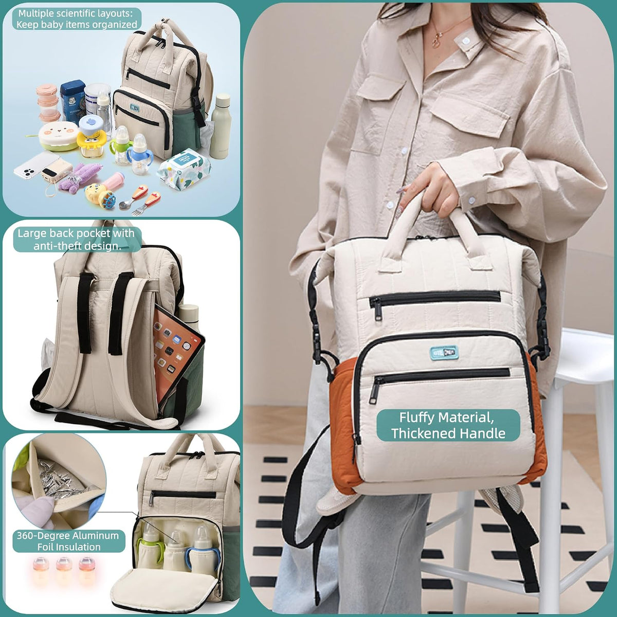 Quilted Diaper Backpack Multifunctional Large Baby Travel Bag