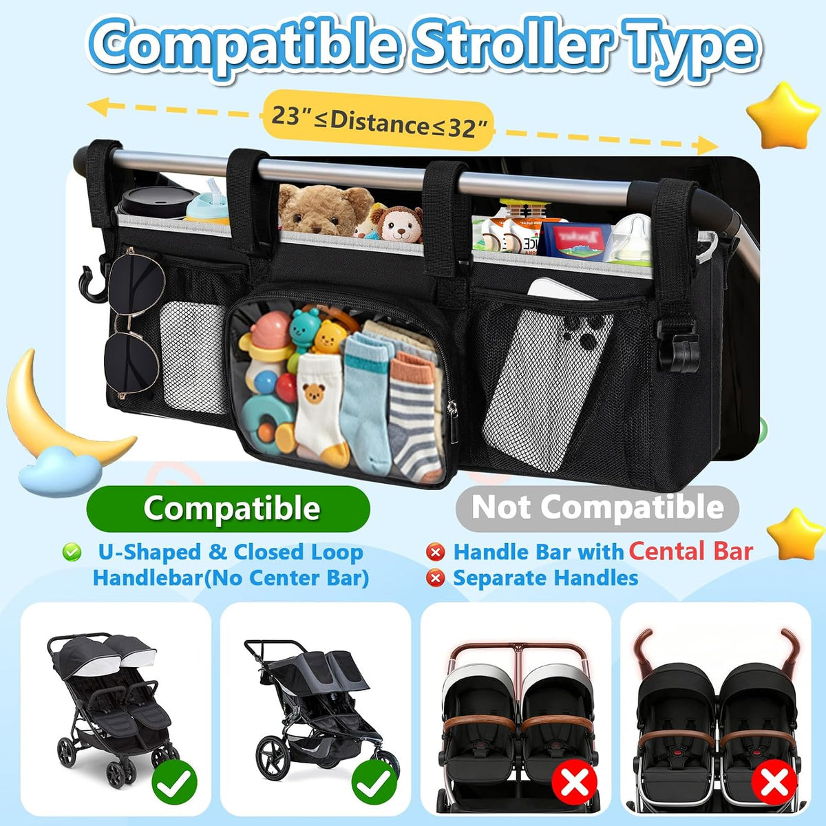 Double Stroller Organizer for Bob Duallie Jogger City Mini GT2 and Jeep
