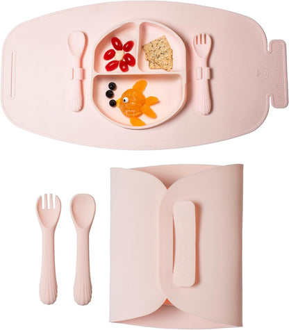 Silicone Suction Plate for Baby and Toddler, Divided Plate with Fork & Spoon - Unbreakable, Non-Toxic, Food Grade Silicone, Strong Suction Grip, Spill Proof, & Foldable for Travel!