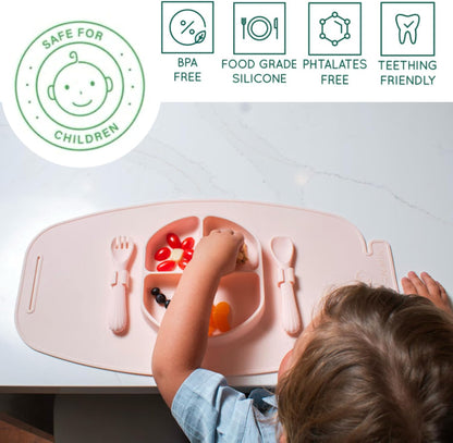 Silicone Suction Plate for Baby and Toddler, Divided Plate with Fork & Spoon - Unbreakable, Non-Toxic, Food Grade Silicone, Strong Suction Grip, Spill Proof, & Foldable for Travel!