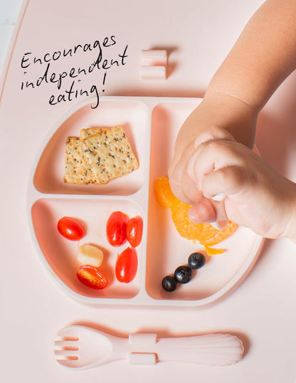 Silicone Suction Plate for Baby and Toddler, Divided Plate with Fork & Spoon - Unbreakable, Non-Toxic, Food Grade Silicone, Strong Suction Grip, Spill Proof, & Foldable for Travel!