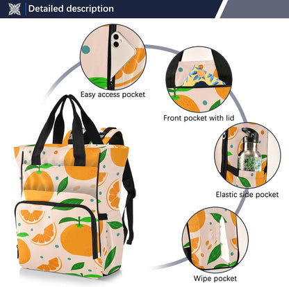 Diaper Bag Backpack, Multifunction Travel Bag for Moms Dads, Baby Changing Bag with Insulted Pockets, Stroller Straps and Side Bottle Pockets Orange Pattern