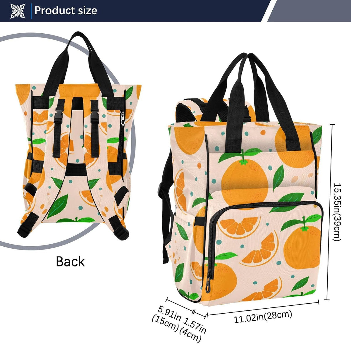 Diaper Bag Backpack, Multifunction Travel Bag for Moms Dads, Baby Changing Bag with Insulted Pockets, Stroller Straps and Side Bottle Pockets Orange Pattern