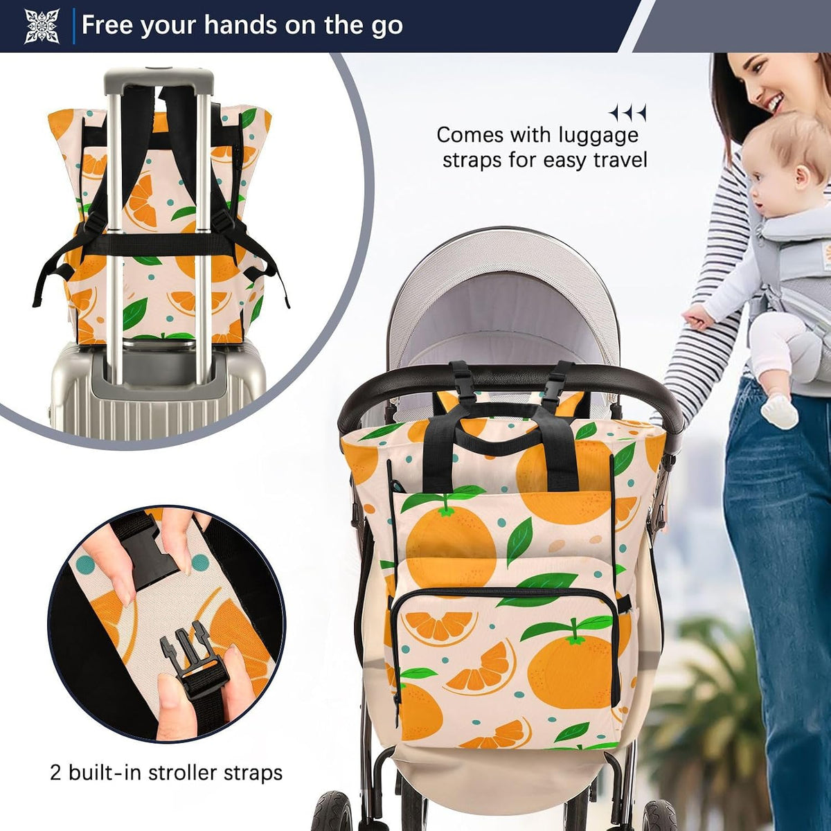Diaper Bag Backpack, Multifunction Travel Bag for Moms Dads, Baby Changing Bag with Insulted Pockets, Stroller Straps and Side Bottle Pockets Orange Pattern
