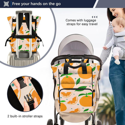 Diaper Bag Backpack, Multifunction Travel Bag for Moms Dads, Baby Changing Bag with Insulted Pockets, Stroller Straps and Side Bottle Pockets Orange Pattern