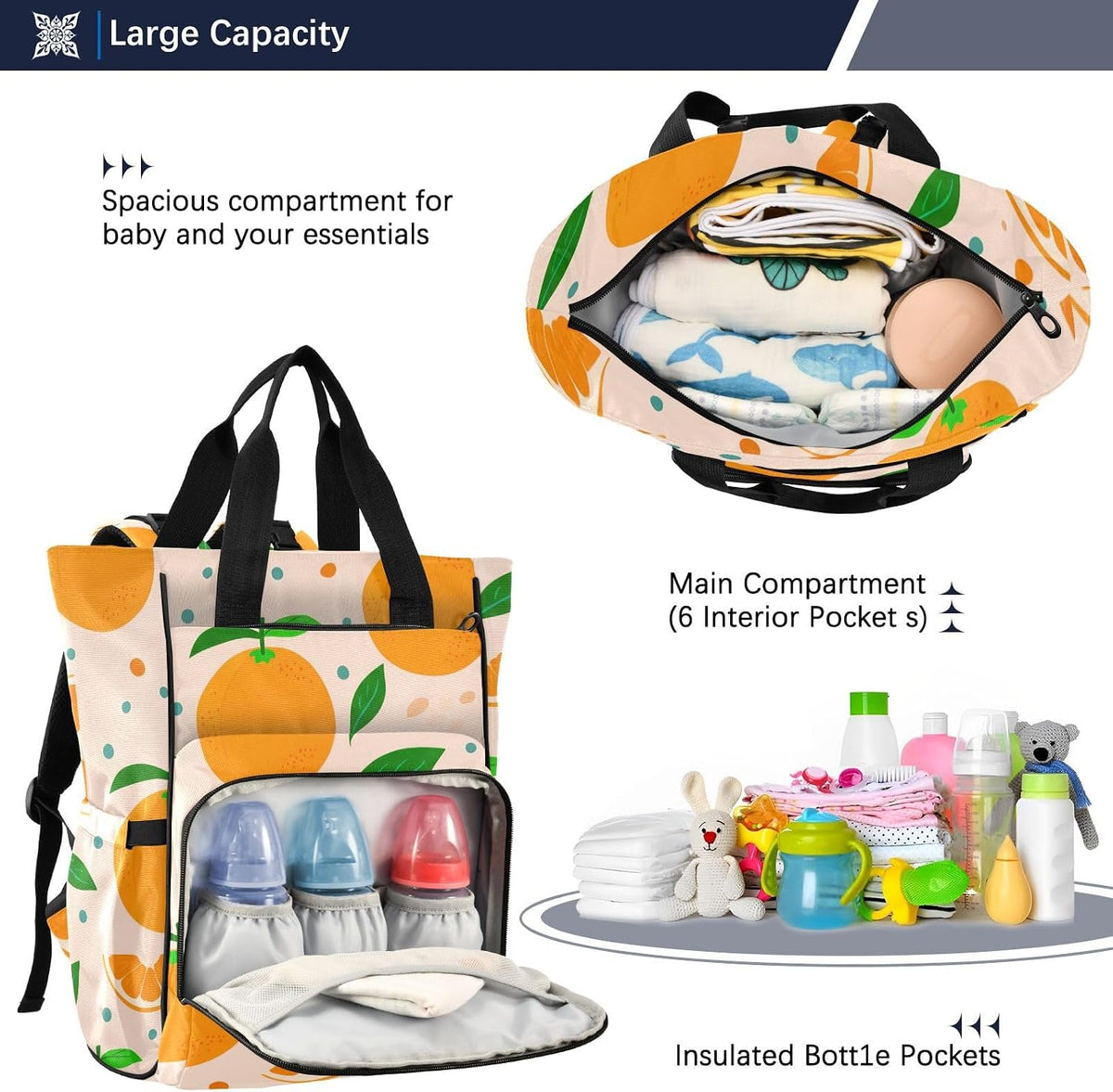 Diaper Bag Backpack, Multifunction Travel Bag for Moms Dads, Baby Changing Bag with Insulted Pockets, Stroller Straps and Side Bottle Pockets Orange Pattern