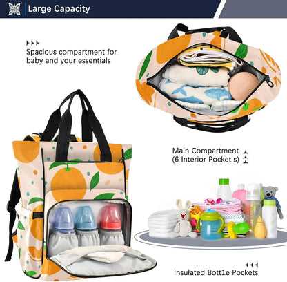 Diaper Bag Backpack, Multifunction Travel Bag for Moms Dads, Baby Changing Bag with Insulted Pockets, Stroller Straps and Side Bottle Pockets Orange Pattern