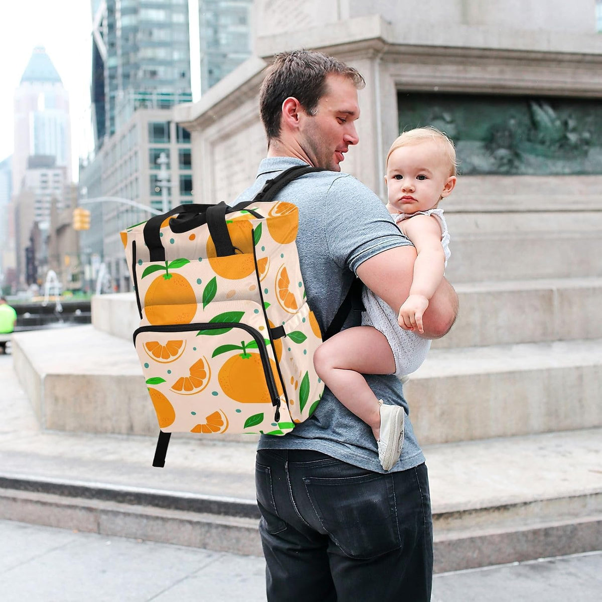 Diaper Bag Backpack, Multifunction Travel Bag for Moms Dads, Baby Changing Bag with Insulted Pockets, Stroller Straps and Side Bottle Pockets Orange Pattern