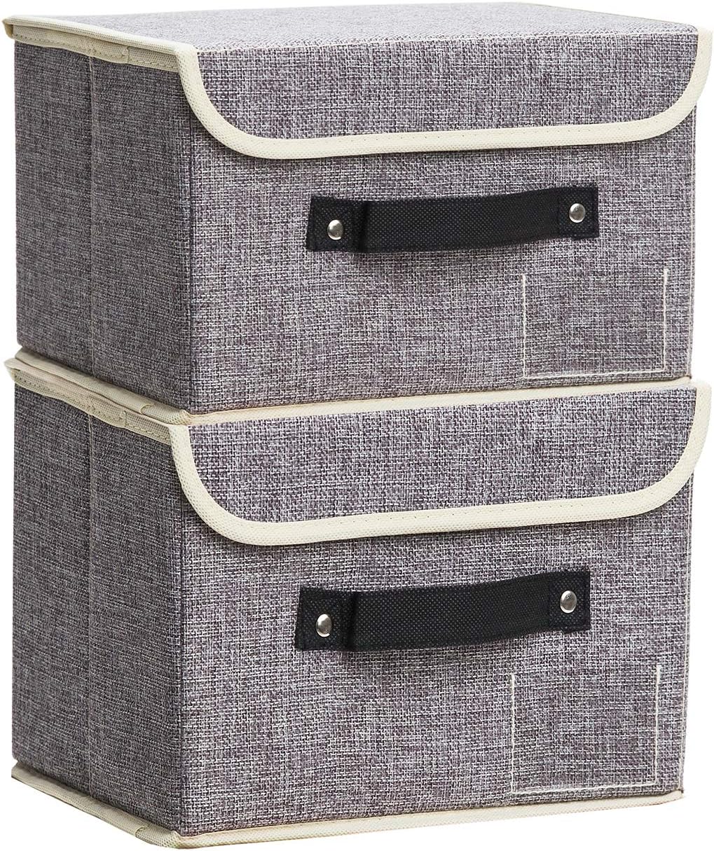 Small Storage Bins with Lids 2 Pack Linen Collapsible Cube Storage Basket with Handle, Foldable Fabric Storage Box with lids for Clothes Closet, Ornament Grey