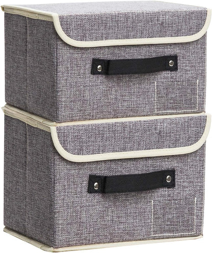 Small Storage Bins with Lids 2 Pack Linen Collapsible Cube Storage Basket with Handle, Foldable Fabric Storage Box with lids for Clothes Closet, Ornament Grey