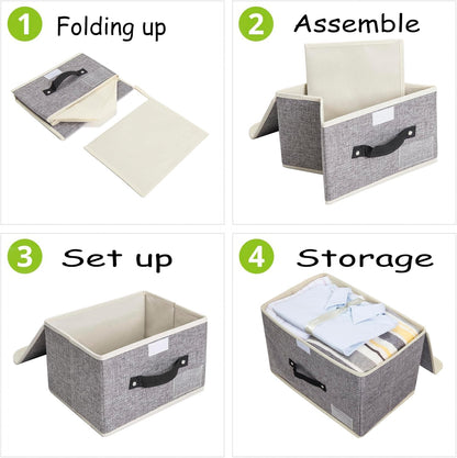 Small Storage Bins with Lids 2 Pack Linen Collapsible Cube Storage Basket with Handle, Foldable Fabric Storage Box with lids for Clothes Closet, Ornament Grey