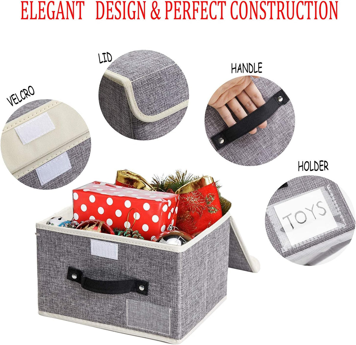Small Storage Bins with Lids 2 Pack Linen Collapsible Cube Storage Basket with Handle, Foldable Fabric Storage Box with lids for Clothes Closet, Ornament Grey