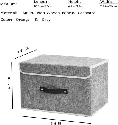 Small Storage Bins with Lids 2 Pack Linen Collapsible Cube Storage Basket with Handle, Foldable Fabric Storage Box with lids for Clothes Closet, Ornament Grey