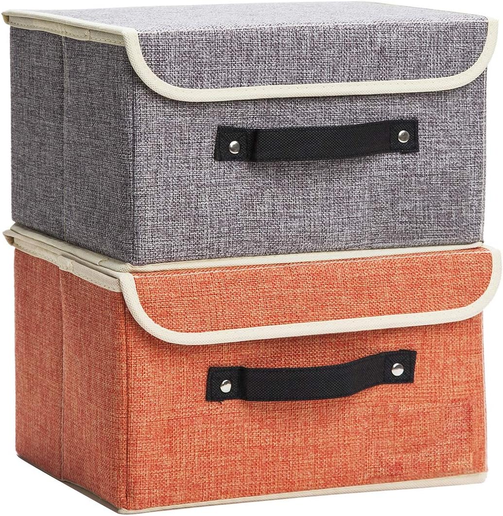 Small Storage Bins with Lids 2 Pack Linen Collapsible Cube Storage Basket with Handle, Foldable Fabric Storage Box with lids for Clothes Closet, Ornament Grey