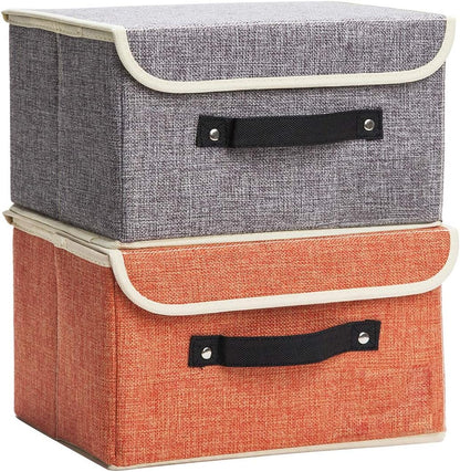 Small Storage Bins with Lids 2 Pack Linen Collapsible Cube Storage Basket with Handle, Foldable Fabric Storage Box with lids for Clothes Closet, Ornament Grey