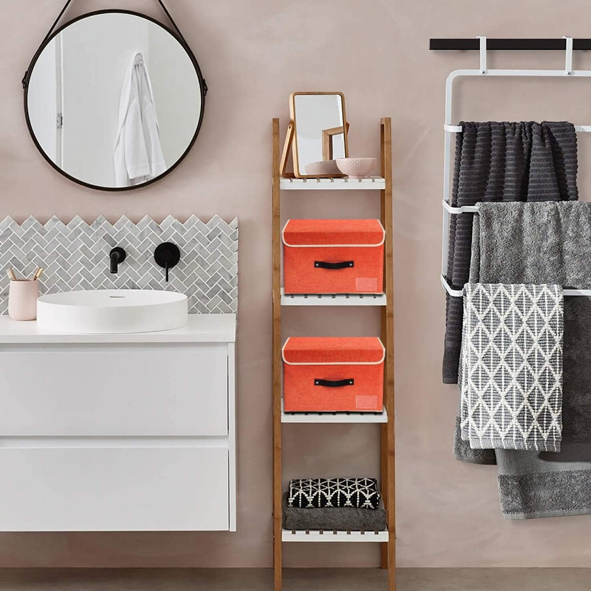Small Storage Bins with Lids 2 Pack Linen Collapsible Cube Storage Basket with Handle, Foldable Fabric Storage Box with lids for Clothes Closet, Ornament Grey