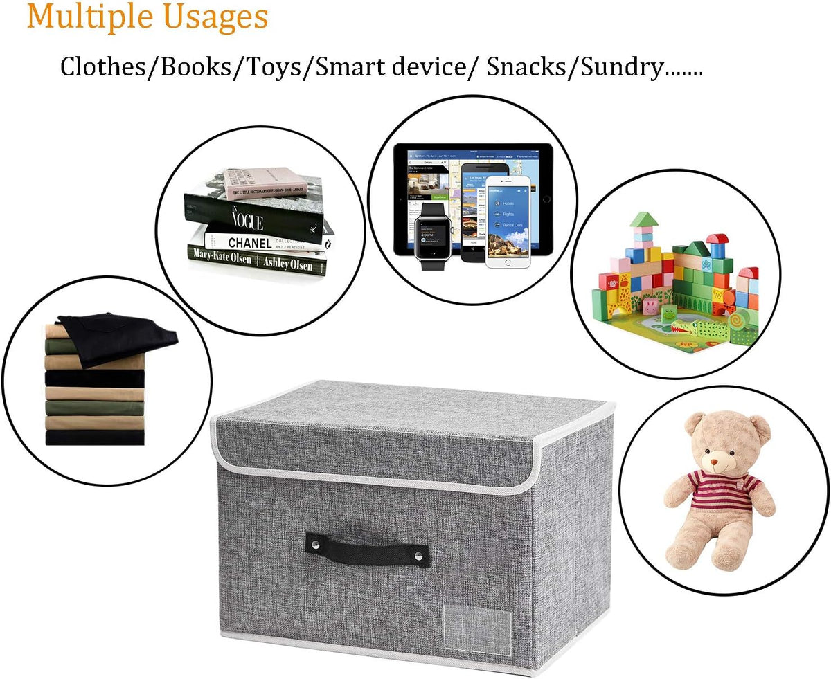 Small Storage Bins with Lids 2 Pack Linen Collapsible Cube Storage Basket with Handle, Foldable Fabric Storage Box with lids for Clothes Closet, Ornament Grey