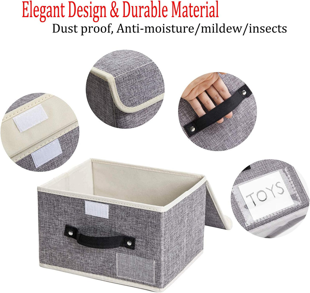 Small Storage Bins with Lids 2 Pack Linen Collapsible Cube Storage Basket with Handle, Foldable Fabric Storage Box with lids for Clothes Closet, Ornament Grey