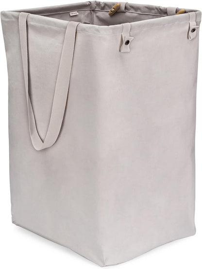 Loads of Fun Collapsible Hamper – Laundry Basket for Dirty Clothes & Towels – Tall Standing Organic Cotton Laundry Bag with Long Handles - Ideal for Bathroom, Bedroom or Kids’ Room, Gray
