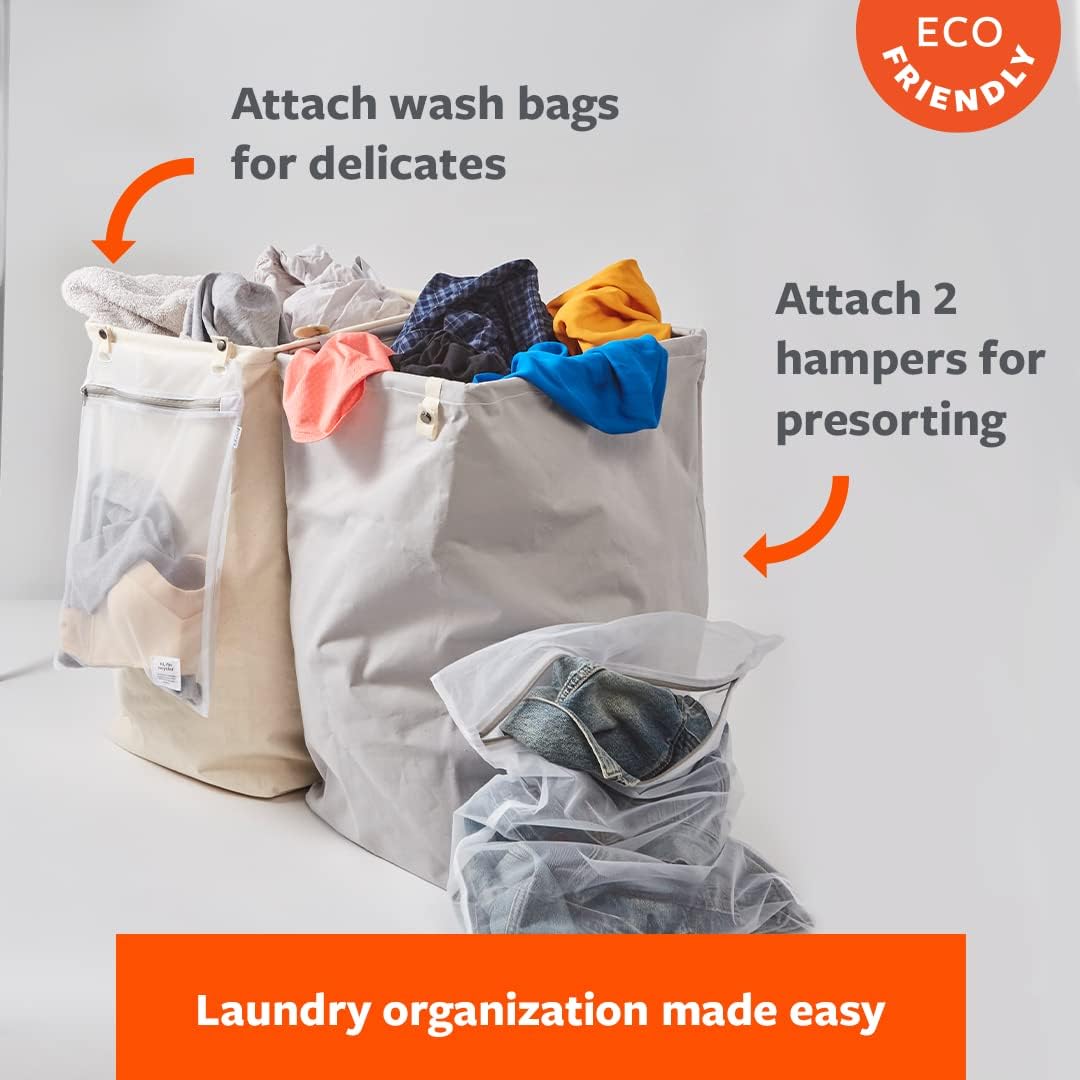 Loads of Fun Collapsible Hamper – Laundry Basket for Dirty Clothes & Towels – Tall Standing Organic Cotton Laundry Bag with Long Handles - Ideal for Bathroom, Bedroom or Kids’ Room, Gray