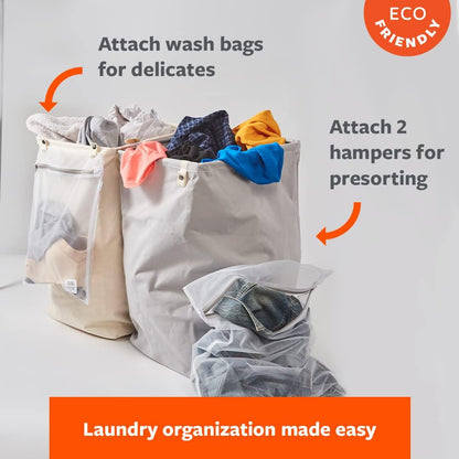Loads of Fun Collapsible Hamper – Laundry Basket for Dirty Clothes & Towels – Tall Standing Organic Cotton Laundry Bag with Long Handles - Ideal for Bathroom, Bedroom or Kids’ Room, Gray