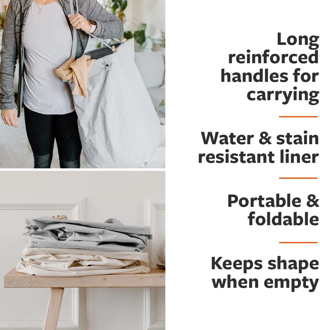 Loads of Fun Collapsible Hamper – Laundry Basket for Dirty Clothes & Towels – Tall Standing Organic Cotton Laundry Bag with Long Handles - Ideal for Bathroom, Bedroom or Kids’ Room, Gray