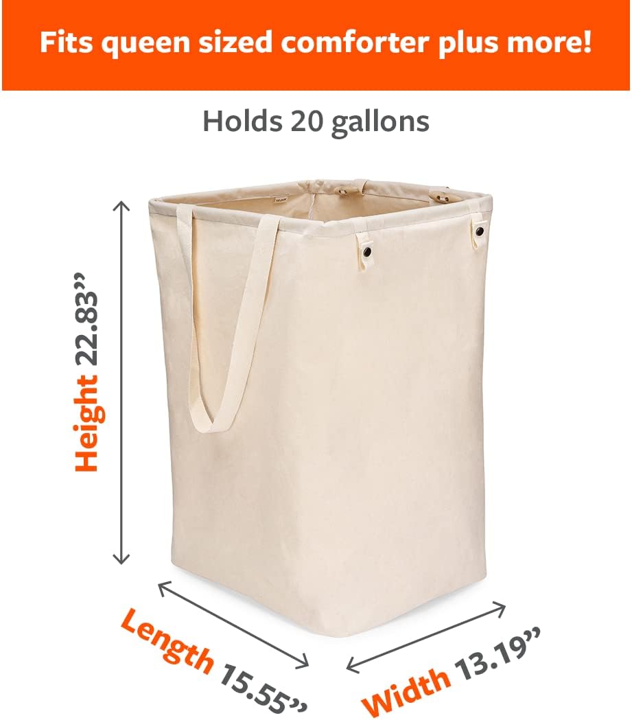 Loads of Fun Collapsible Hamper – Laundry Basket for Dirty Clothes & Towels – Tall Standing Organic Cotton Laundry Bag with Long Handles - Ideal for Bathroom, Bedroom or Kids’ Room, Gray