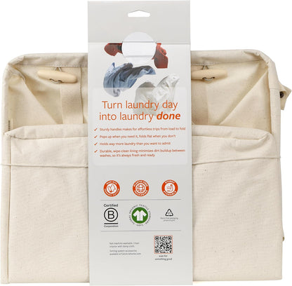 Loads of Fun Collapsible Hamper – Laundry Basket for Dirty Clothes & Towels – Tall Standing Organic Cotton Laundry Bag with Long Handles - Ideal for Bathroom, Bedroom or Kids’ Room, Gray