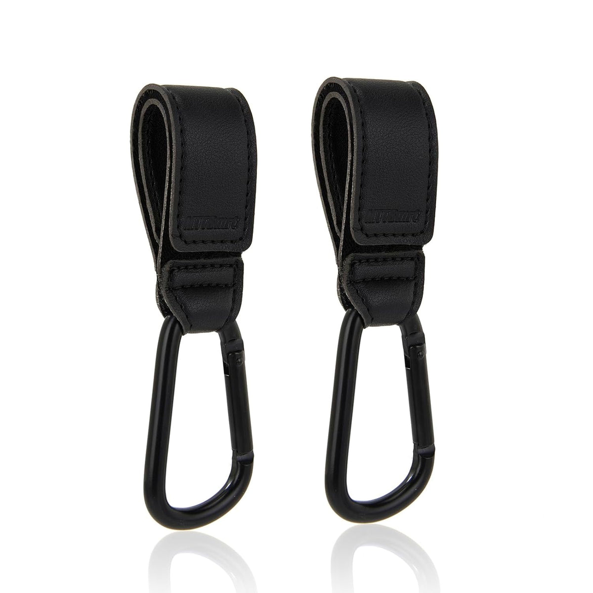 Stroller Hooks 2 Pack, Heavy Duty Leather Clips for Diaper Bags, Adjustable Carabiner Clips for Stroller, Bike, Wheelchair, Universal Stroller Accessories (Black Hanging Strap with Black Hook)