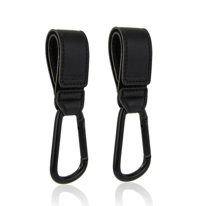 Stroller Hooks 2 Pack, Heavy Duty Leather Clips for Diaper Bags, Adjustable Carabiner Clips for Stroller, Bike, Wheelchair, Universal Stroller Accessories (Black Hanging Strap with Black Hook)