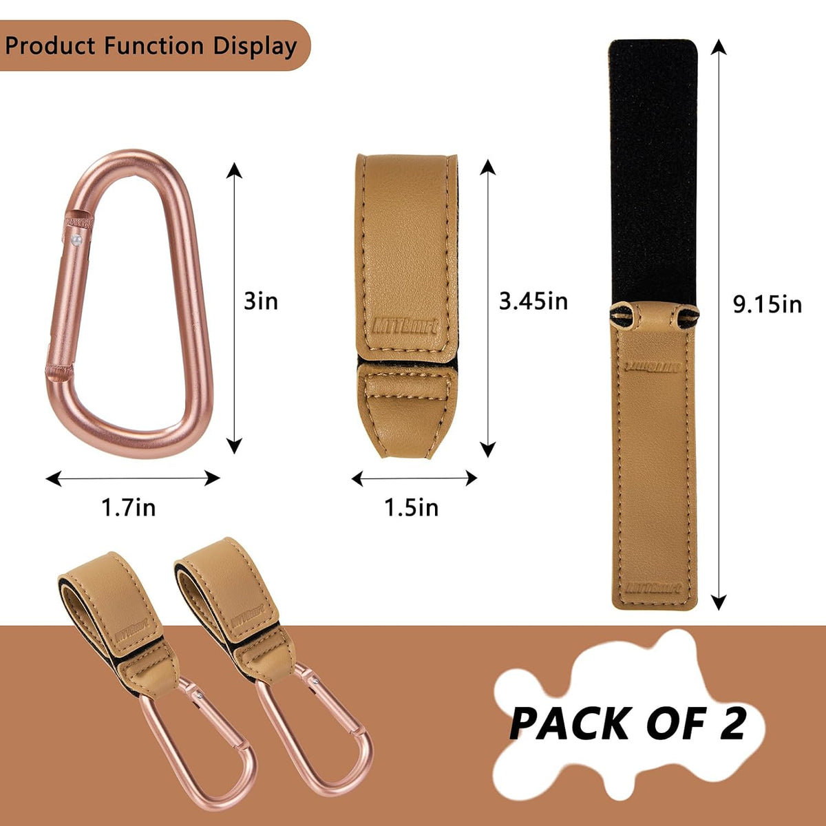 Stroller Hooks 2 Pack, Heavy Duty Leather Clips for Diaper Bags, Adjustable Carabiner Clips for Stroller, Bike, Wheelchair, Universal Stroller Accessories (Black Hanging Strap with Black Hook)