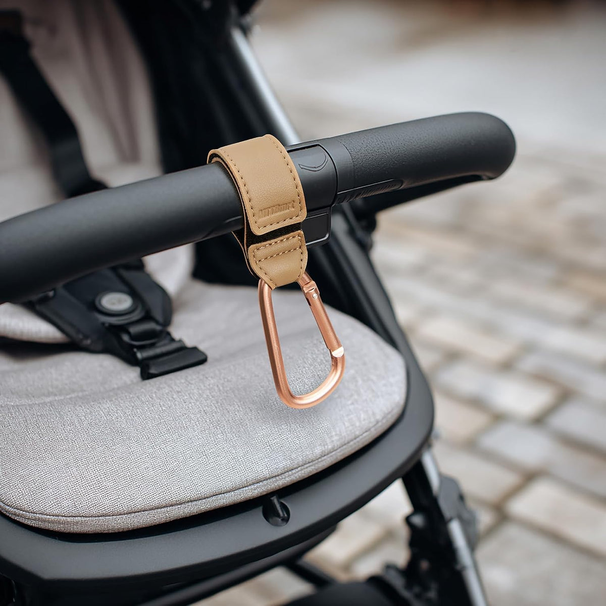 Stroller Hooks 2 Pack, Heavy Duty Leather Clips for Diaper Bags, Adjustable Carabiner Clips for Stroller, Bike, Wheelchair, Universal Stroller Accessories (Black Hanging Strap with Black Hook)