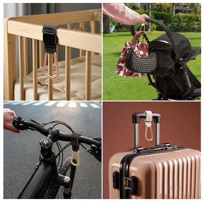 Stroller Hooks 2 Pack, Heavy Duty Leather Clips for Diaper Bags, Adjustable Carabiner Clips for Stroller, Bike, Wheelchair, Universal Stroller Accessories (Black Hanging Strap with Black Hook)