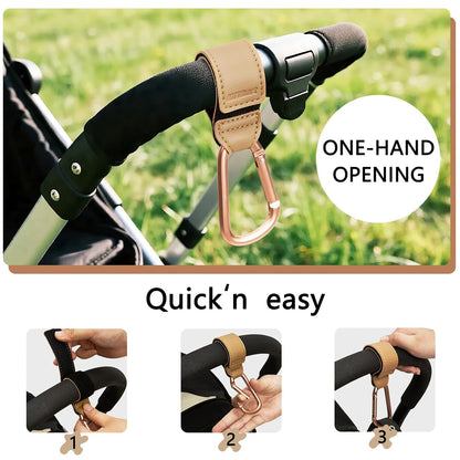 Stroller Hooks 2 Pack, Heavy Duty Leather Clips for Diaper Bags, Adjustable Carabiner Clips for Stroller, Bike, Wheelchair, Universal Stroller Accessories (Black Hanging Strap with Black Hook)